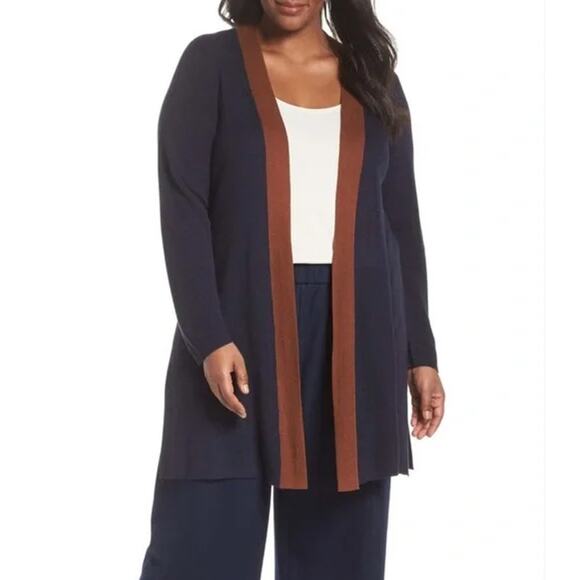 Eileen Fisher Womens Open Front Duster Cardigan Sweater Navy Brown Side Slits LP - Picture 3 of 9